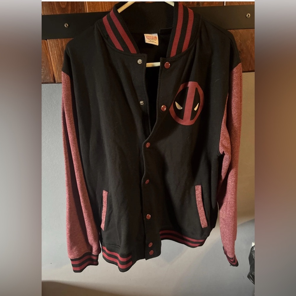 Deadpool Sweater Men Med Black Red Chalkline Varsity Jacket Button Up Cardigan
